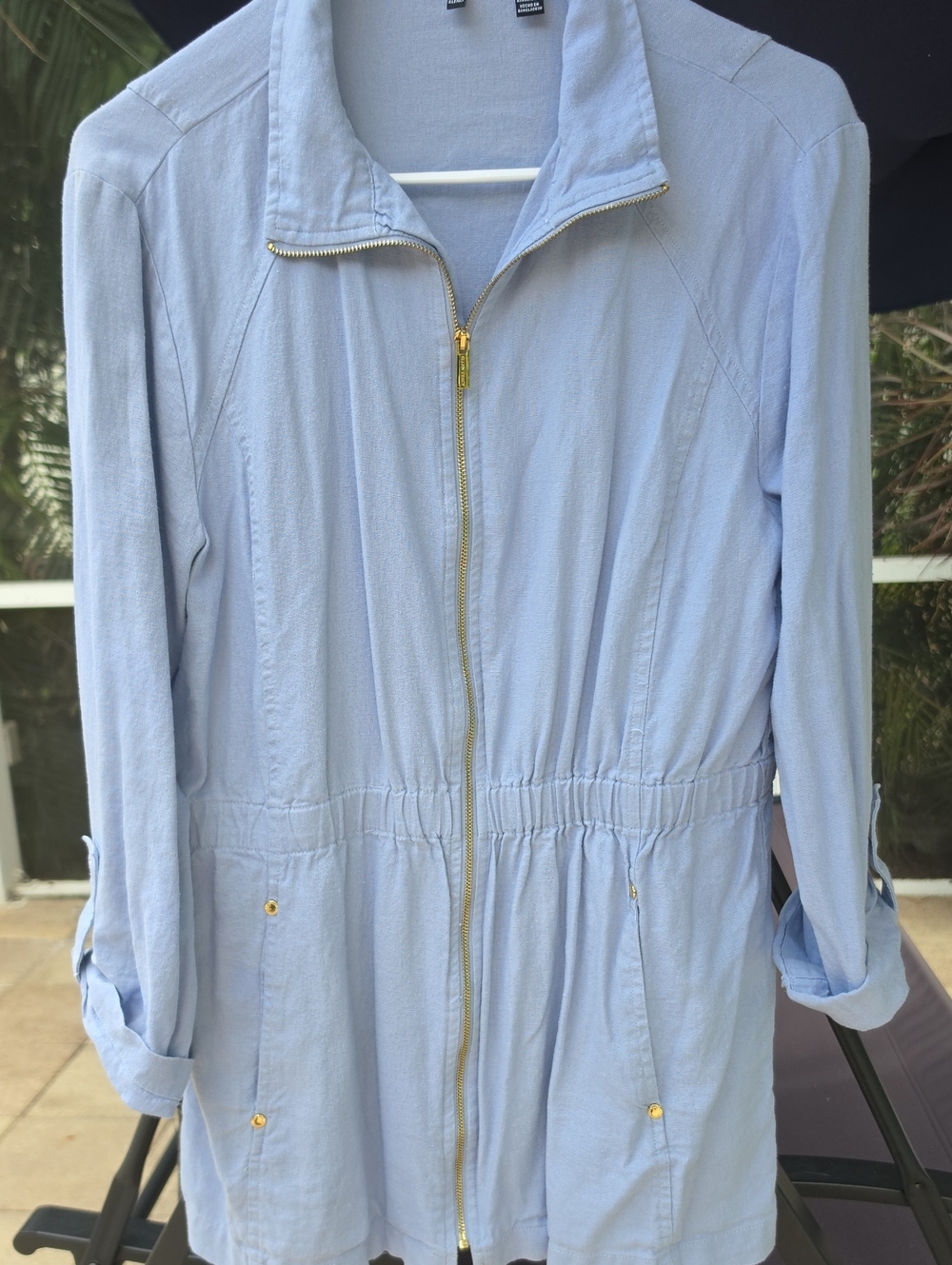 ELLEN TRACY Light Blue Linen Utility Jacket with Drawstring Waist